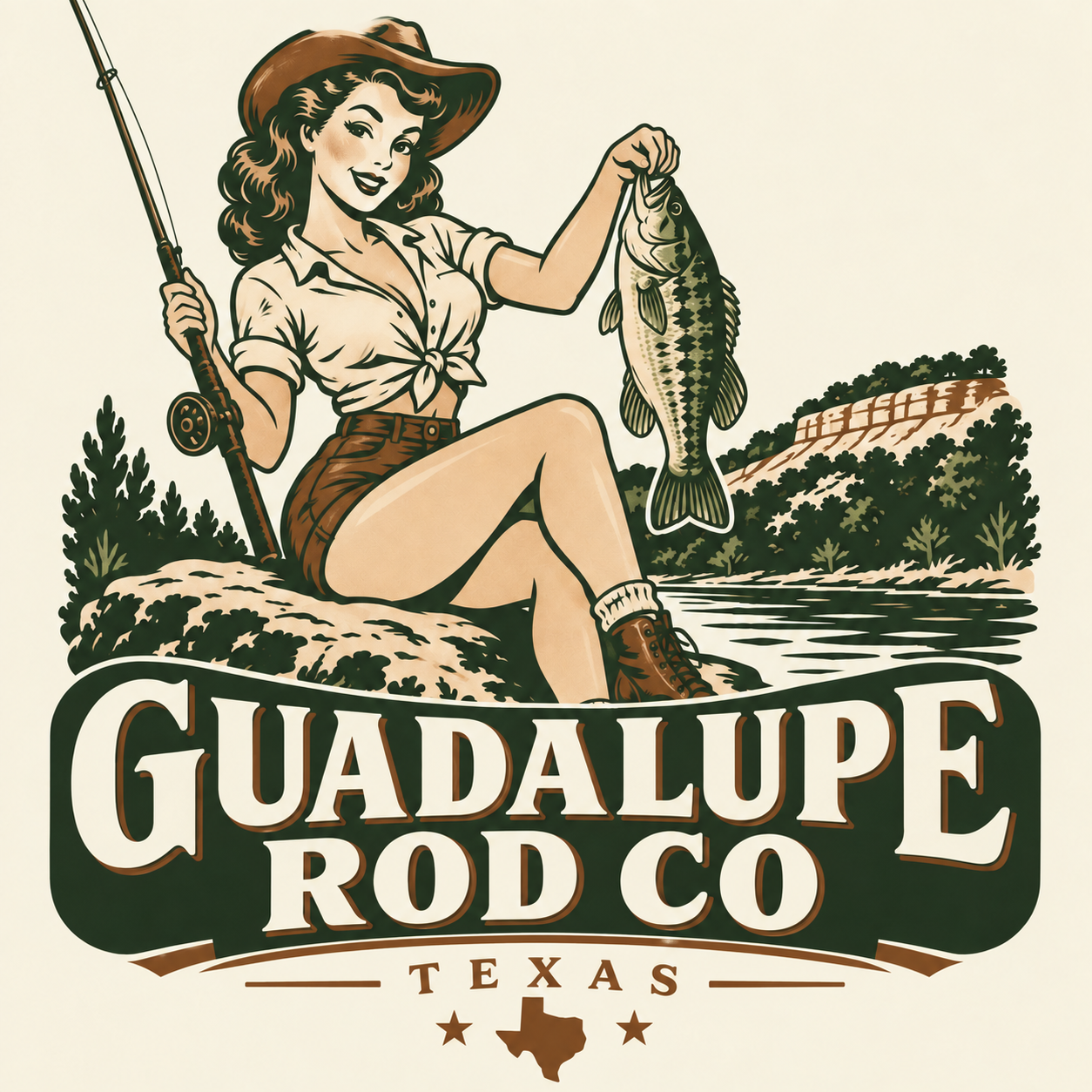 Vintage Guadalupe Rod Co illustration of a brunette woman fly angler with a bass beside a Texas river