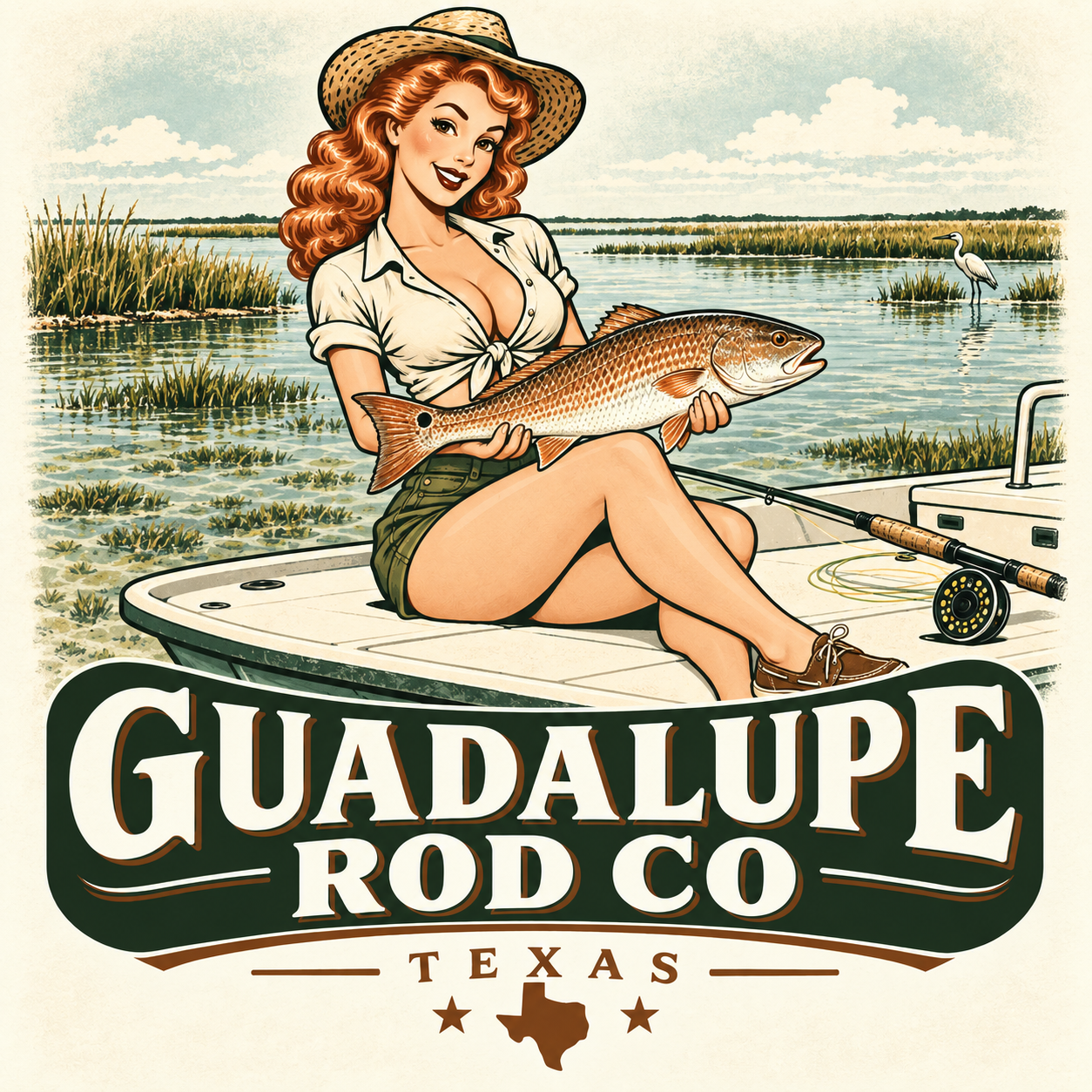 Vintage Guadalupe Rod Co angler holding a redfish on a shallow-water skiff with a fly rod beside her, on the Texas coastal flats