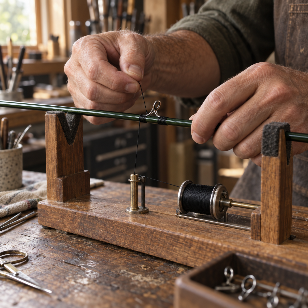 Hands wrapping a silver guide onto a green fly rod blank with black thread in a wooden wrapping jig